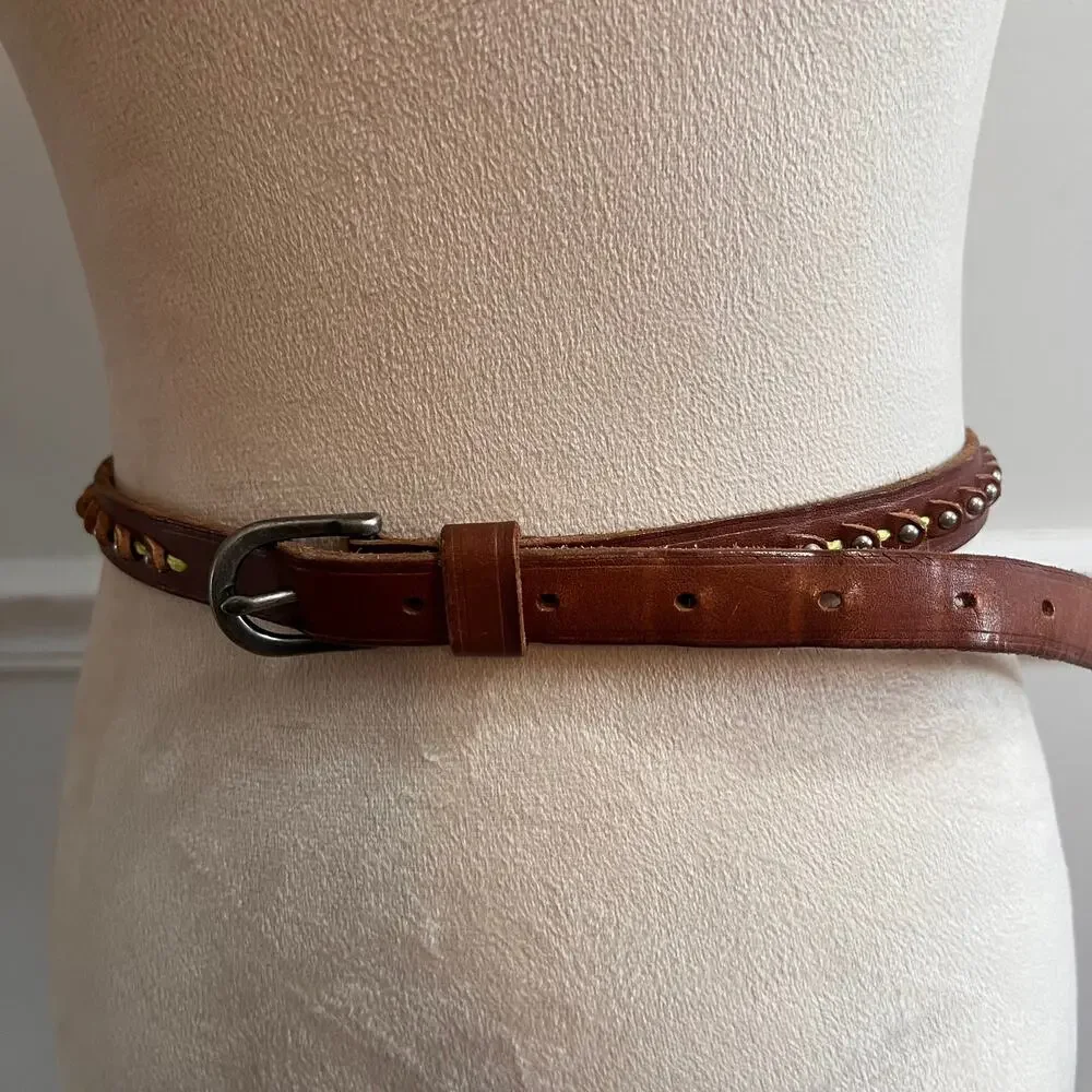 Leather Belt Brown Studded Braided Detail Boho Western | Size Large
